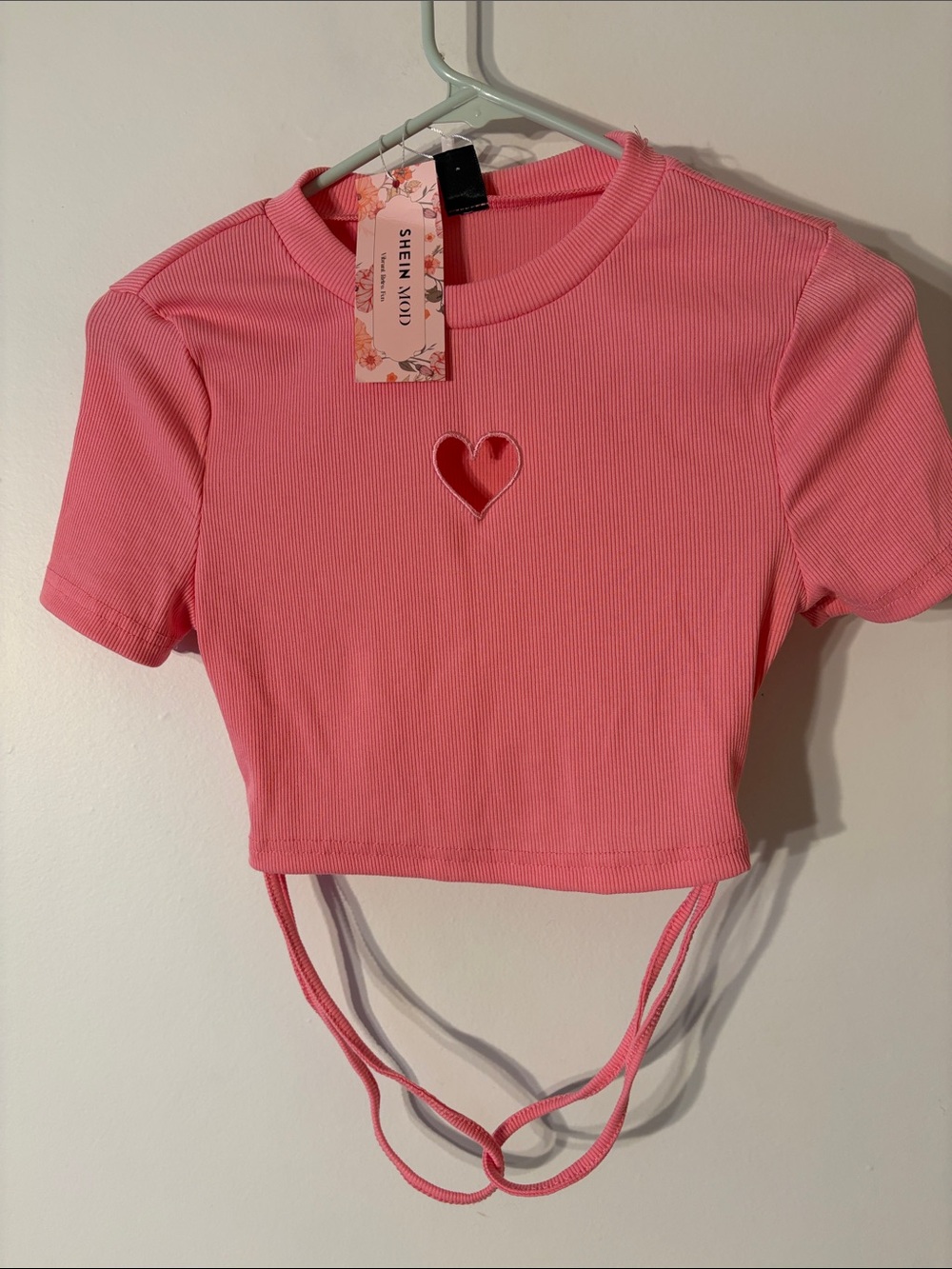 SHEIN Pink Ribbed Heart-Cutout Crop Top with Back Ties